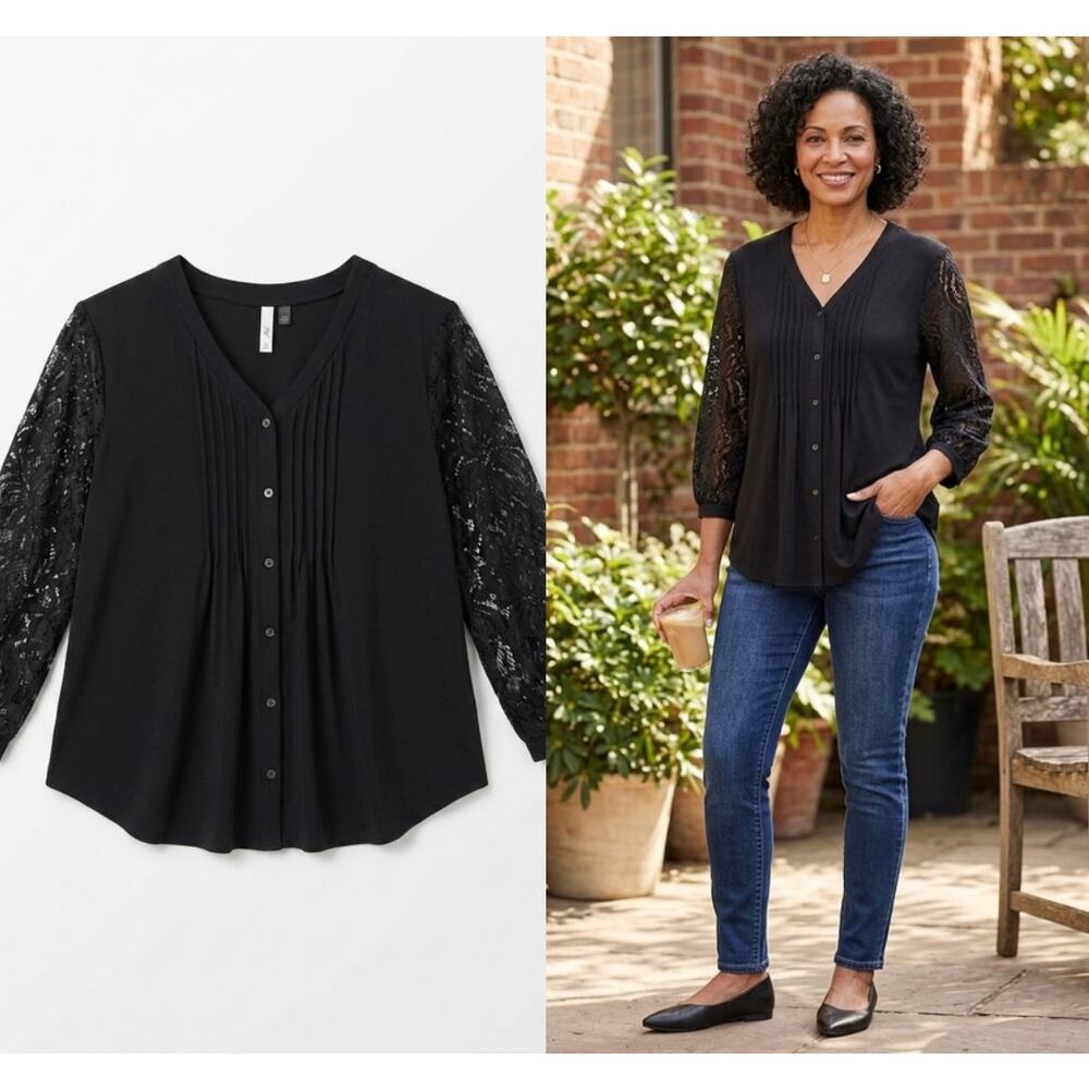 NY Collection Black Pintuck Blouse with Floral Lace Sleeves 1X